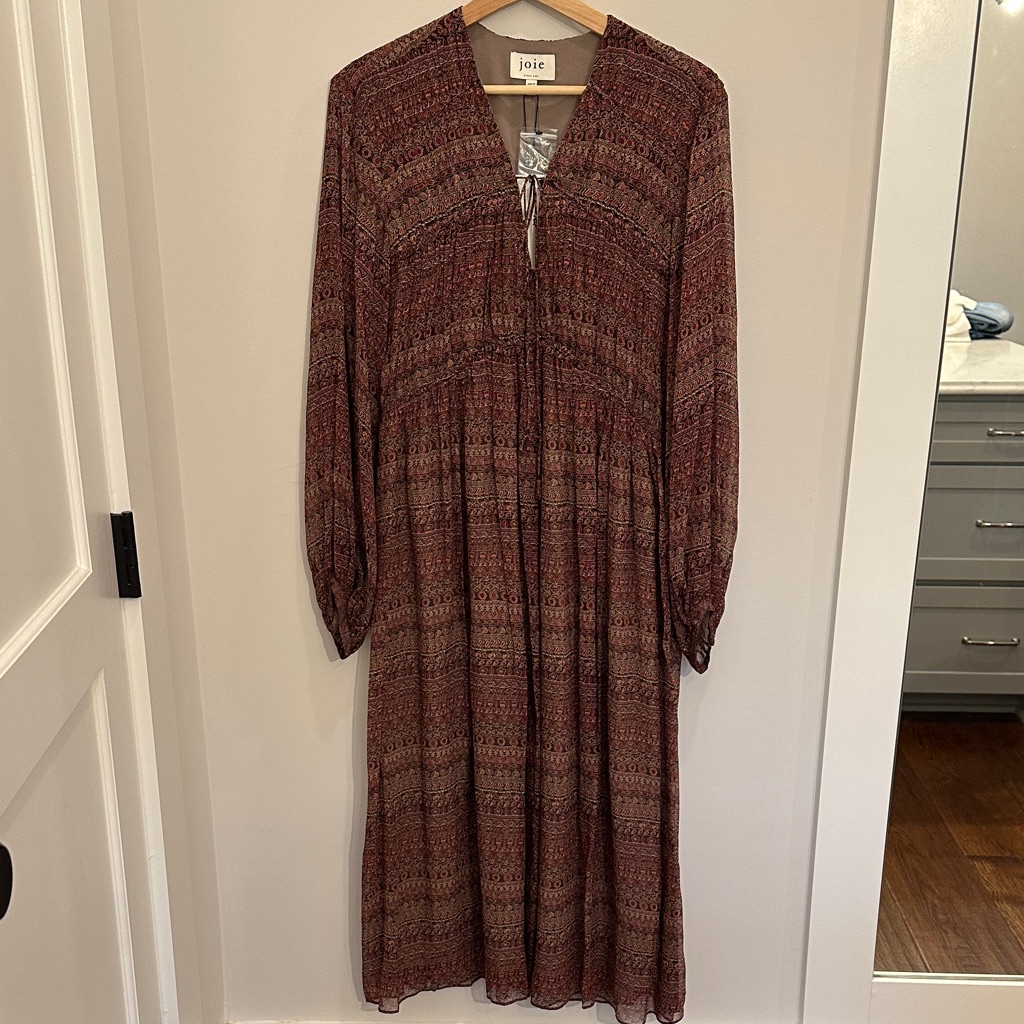 Joie 100% Silk Burgundy Brown Printed Poet Sleeve Maxi Dress